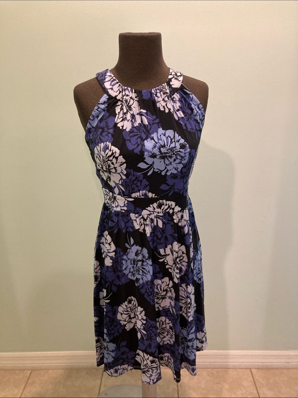Floral Halter A-Line Dress in Blue and Black